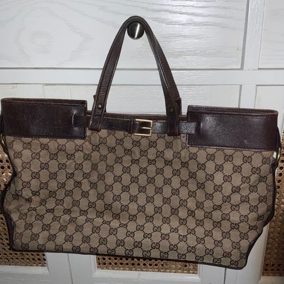 AUTHENTIC GUCCI PRELOVED HANDBAG BROWN BEIGE CANVAS LEATHER GG SATCHEL BUCKLE - Picture 1 of 9